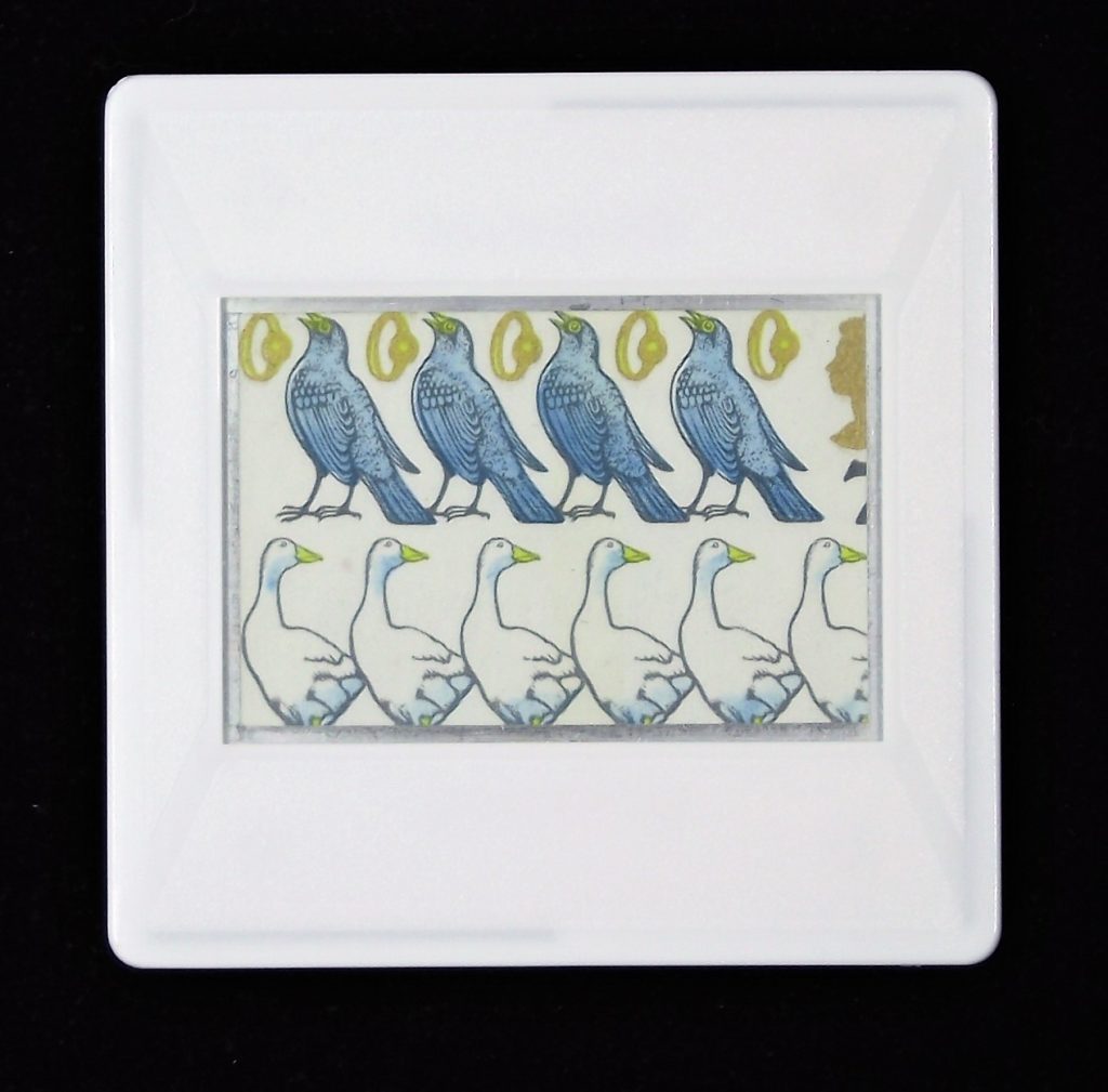 Six Geese a laying, Five Gold Rings, Four Colly Birds Christmas brooch  - designed by David Gentleman
